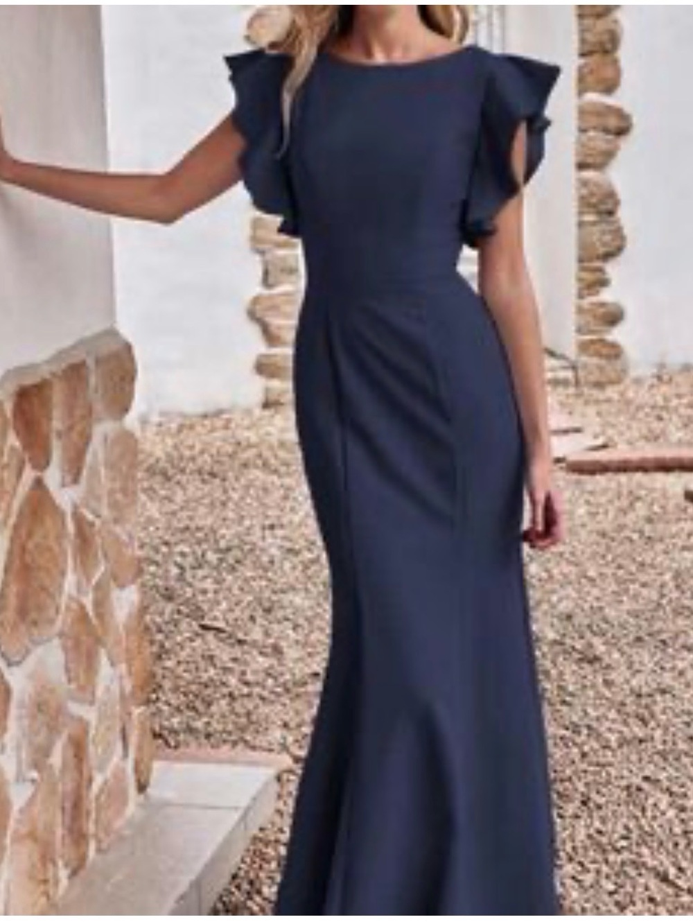 THEIA Elegant Navy Ruffle-Sleeve Maxi Dress